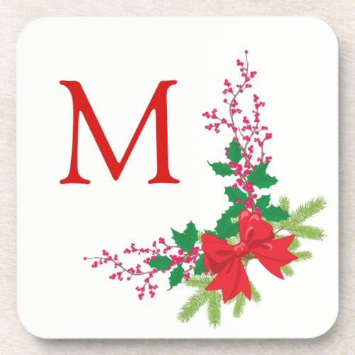 Red Bow Holly Christmas Monogram Beverage Coaster
