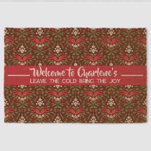 Red Bow Holly Christmas Name and Slogan Fiber Doormat