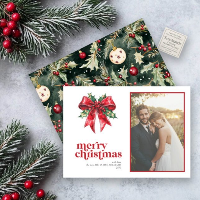 Red Bow Holly Married & Merry Newlywed Photo Holiday Card (Creator Uploaded)