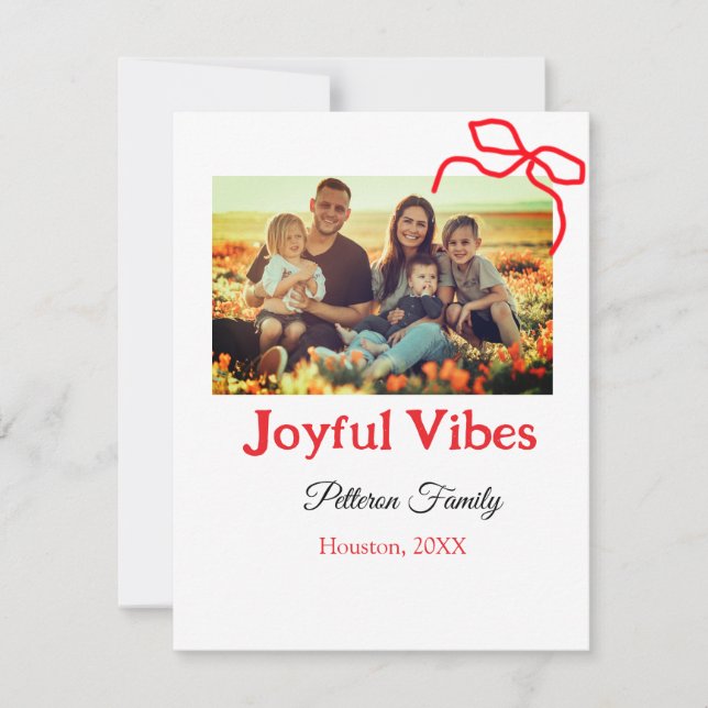 Red bow joyful Vibes add family name photo christm Holiday Card (Front)