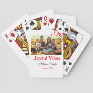 Red bow joyful Vibes add family name photo christm Poker Cards