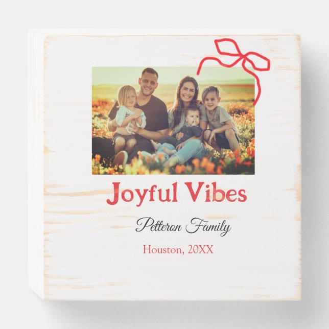 Red bow joyful Vibes add family name photo christm Wooden Box Sign (Front Horizontal)