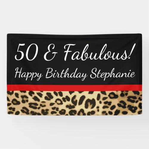 Red Bow Leopard 50th Fabulous Birthday Party Banner