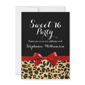 Red Bow Leopard Print Sweet 16 Birthday Party Invitation