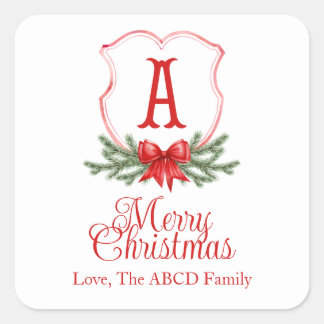 Red Bow Merry Christmas Crest Sticker Gift Tag - A