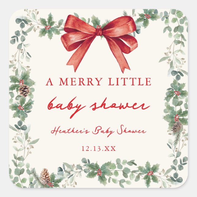 Red Bow Merry Little Christmas Baby Shower Square Sticker (Front)