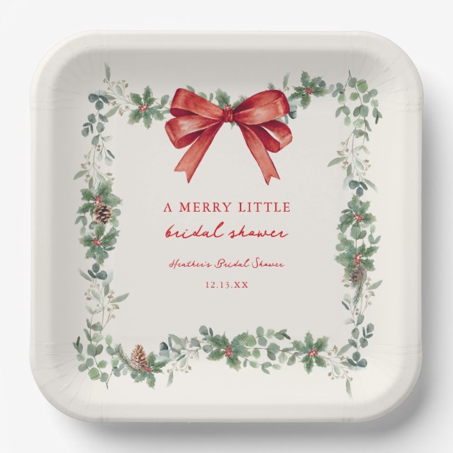 Red Bow Merry Little Christmas Bridal Shower Paper Plates (Front)