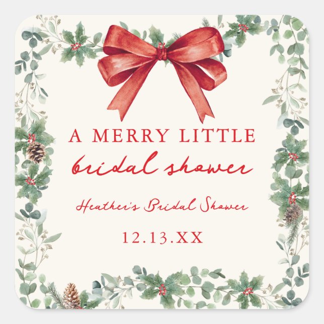 Red Bow Merry Little Christmas Bridal Shower Square Sticker (Front)