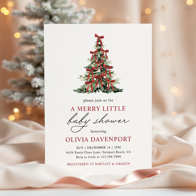 Red Bow Merry Little Christmas Tree Baby Shower Invitation (Creator Uploaded)