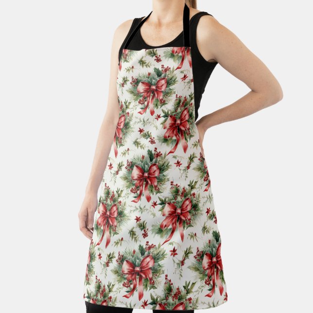 Red bow on holiday greens apron (Insitu)