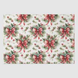 Red bow on holiday greens tissue paper