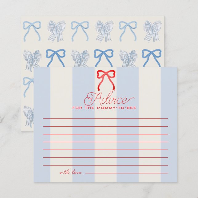 Red Bow Pale Blue Stripes Baby Shower Advice Card (Front/Back)