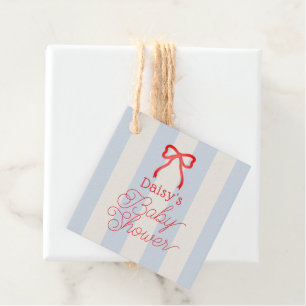 Red Bow & Pale Blue Stripes Baby Shower Favor Tags