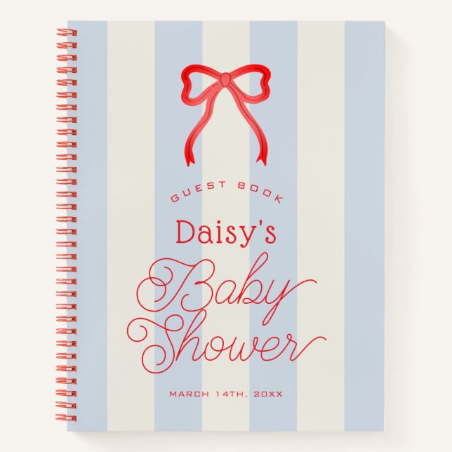 Red Bow & Pale Blue Stripes Baby Shower Guest Book (Front)