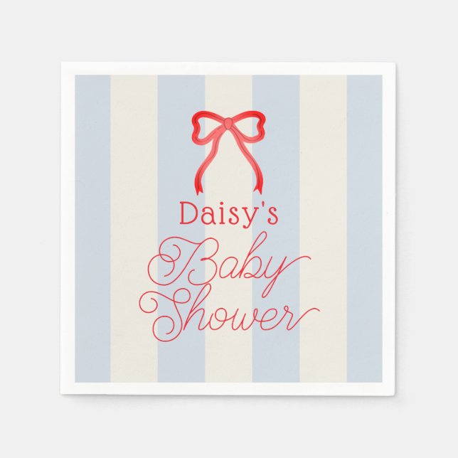 Red Bow & Pale Blue Stripes Baby Shower Napkins (Front)