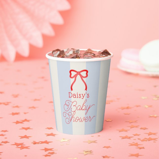 Red Bow & Pale Blue Stripes Baby Shower Paper Cups (Insitu)