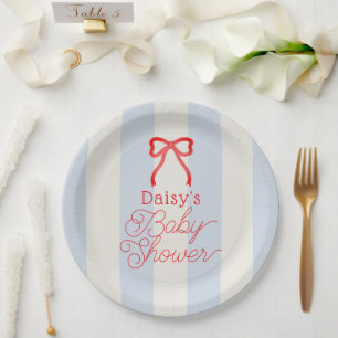 Red Bow & Pale Blue Stripes Baby Shower Paper Plates