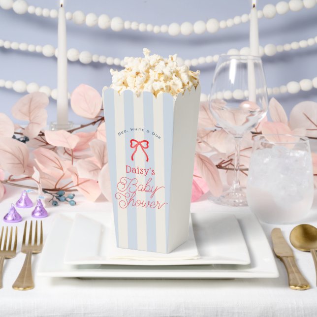 Red Bow & Pale Blue Stripes Baby Shower Popcorn Favor Boxes (Wedding)