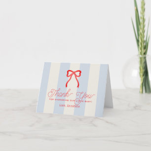 Red Bow & Pale Blue Stripes Baby Shower Thank You