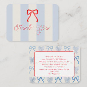 Red Bow & Pale Blue Stripes Baby Shower Thank You Note Card
