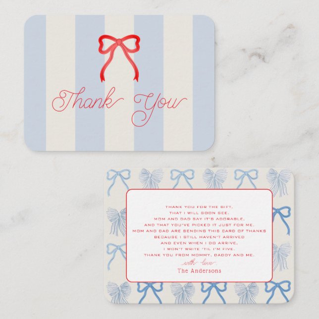 Red Bow & Pale Blue Stripes Baby Shower Thank You Note Card (Front/Back)