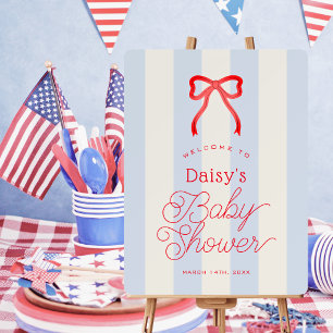 Red Bow Pale Blue Stripes Baby Shower Welcome Sign