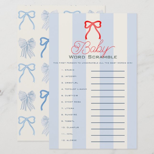 Red Bow & Pale Blue Stripes Baby Word Scramble (Front/Back)