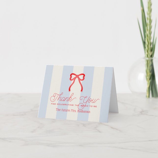 Red Bow Pale Blue Stripes Bridal Shower Thank You (Front)