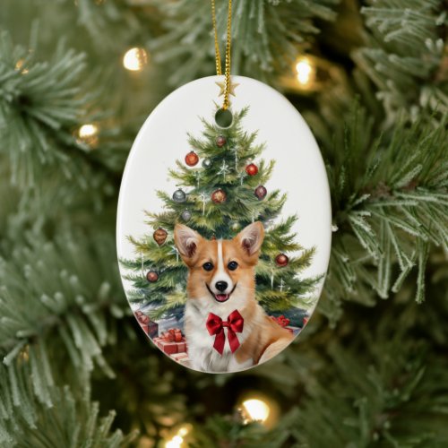 Red Bow Pembroke Welsh Corgi Dog Christmas Ceramic Ornament
