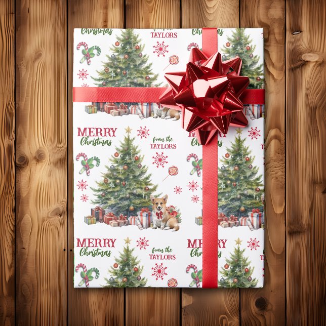 Red Bow Pembroke Welsh Corgi Dog Holiday Tree Wrapping Paper (Creator Uploaded)
