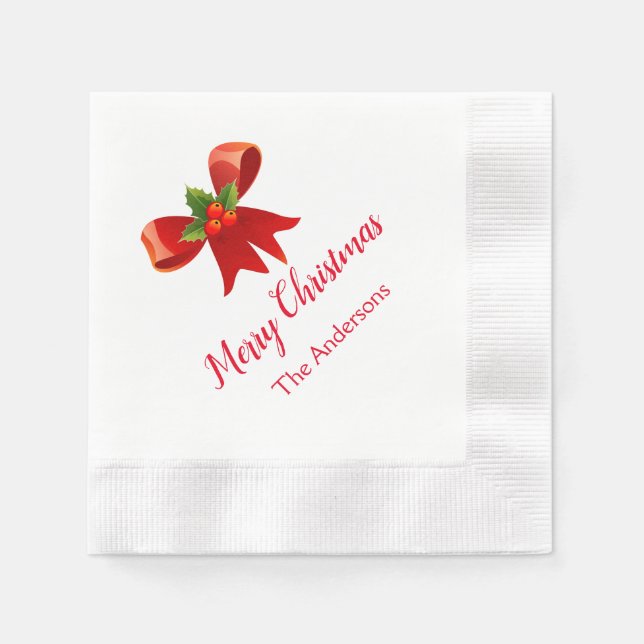 Red Bow Personalized Christmas Party Napkins (Front)