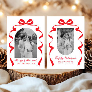 Red Bow Photo Merry & Married Christmas Arch Holiday Card
