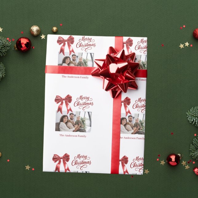 Red bow photo script white Christmas Wrapping Paper (Creator Uploaded)