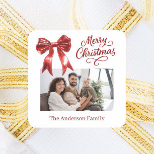 Red bow photo white script Christmas Square Sticker