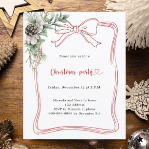 Red bow pine greenery Christmas Party invitation