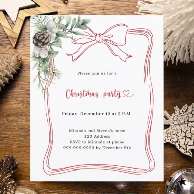 Red bow pine greenery Christmas Party invitation (Creator Uploaded)