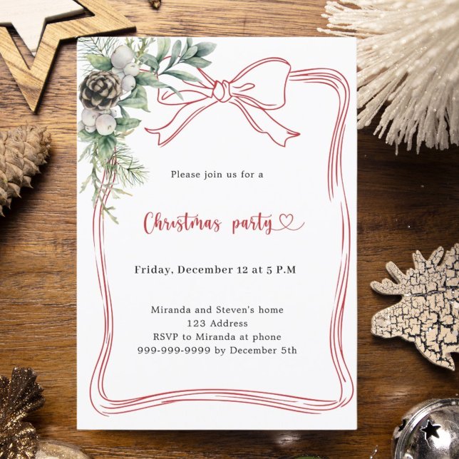 Red bow pine greenery Christmas Party Invitation (Creator Uploaded)
