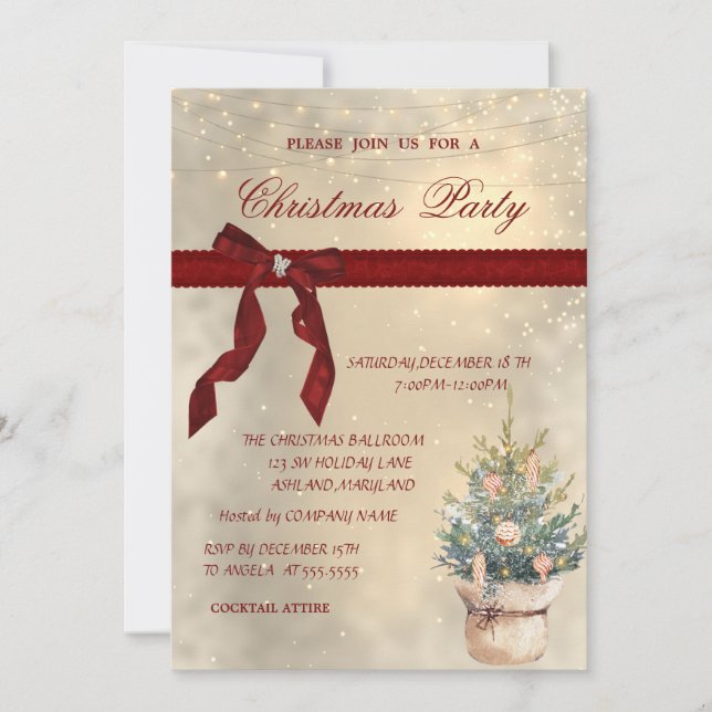  Red Bow,Pine Tree,Balls Corporate Christmas Party Invitation (Front)