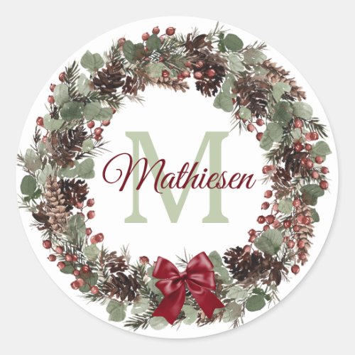 Red Bow Pinecone Wreath Monogram Christmas Classic Round Sticker