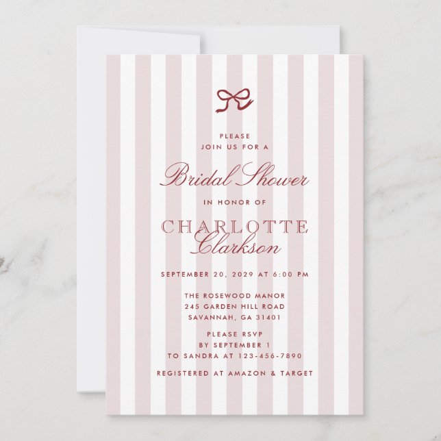 Red Bow Pink Striped Bridal Shower Invitation (Front)