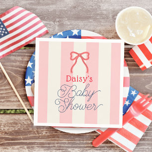 Red Bow & Pink Stripes Baby Shower Napkins