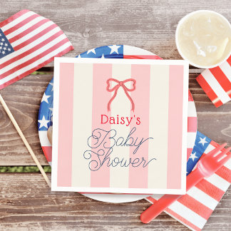 Red Bow & Pink Stripes Baby Shower Napkins