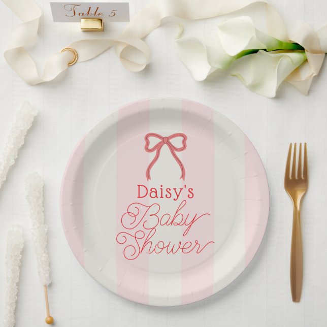 Red Bow & Pink Stripes Baby Shower Paper Plates (Wedding)