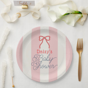 Red Bow & Pink Stripes Baby Shower Paper Plates