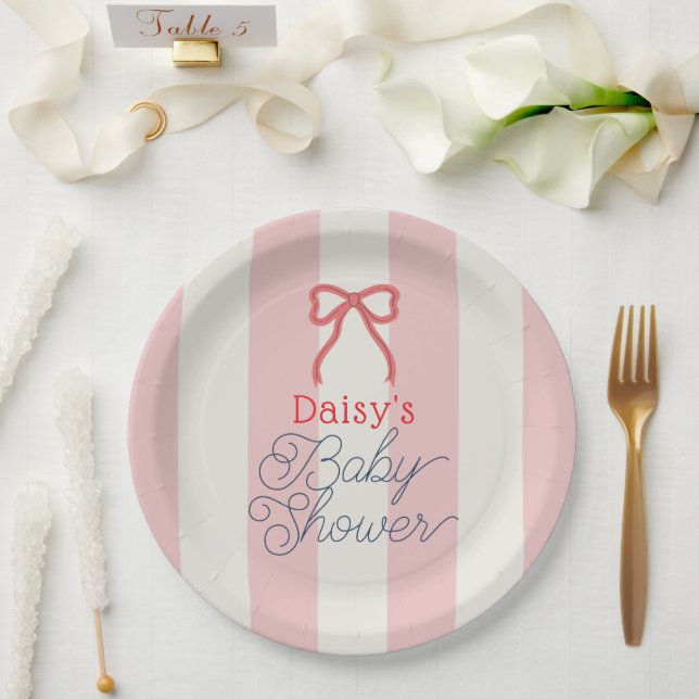 Red Bow & Pink Stripes Baby Shower Paper Plates (Wedding)