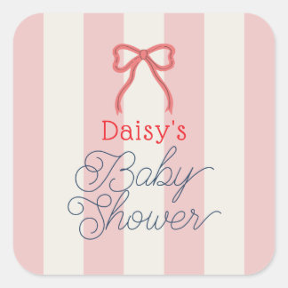 Red Bow & Pink Stripes Baby Shower Square Sticker