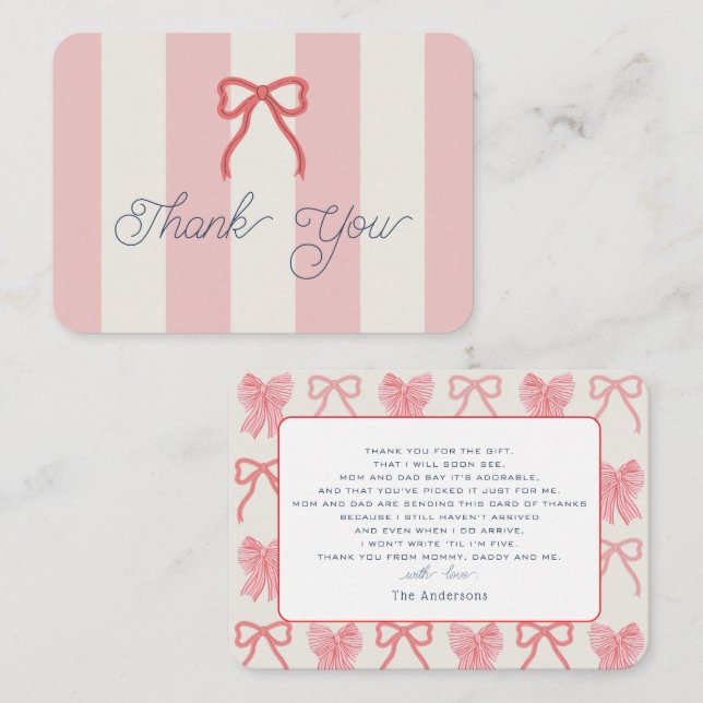 Red Bow & Pink Stripes Baby Shower Thank You Note Card (Front/Back)