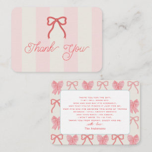 Red Bow & Pink Stripes Baby Shower Thank You Note Card