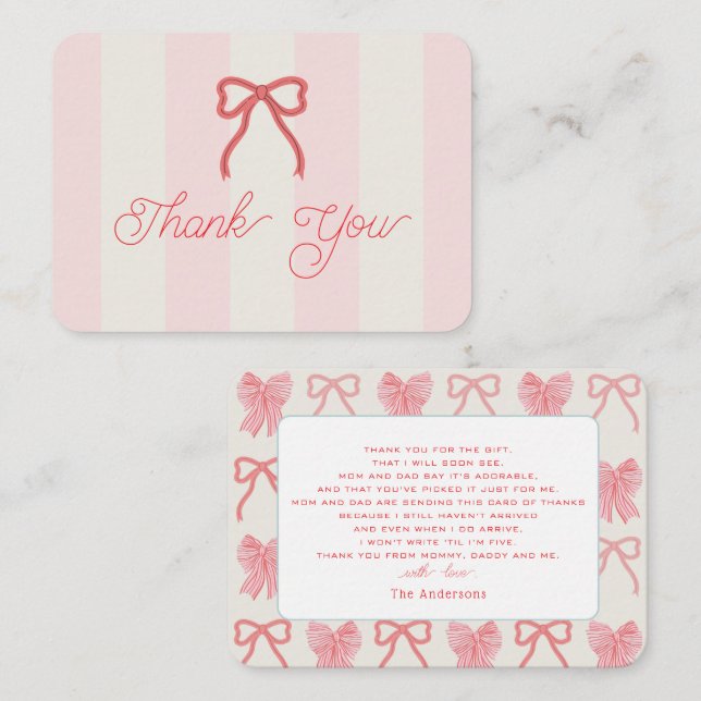 Red Bow & Pink Stripes Baby Shower Thank You Note Card (Front/Back)