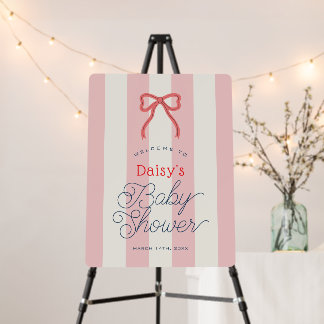 Red Bow & Pink Stripes Baby Shower Welcome Sign